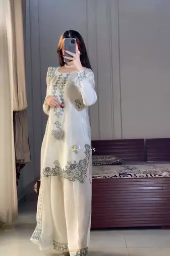 cream silk blend embroidered kurta sets