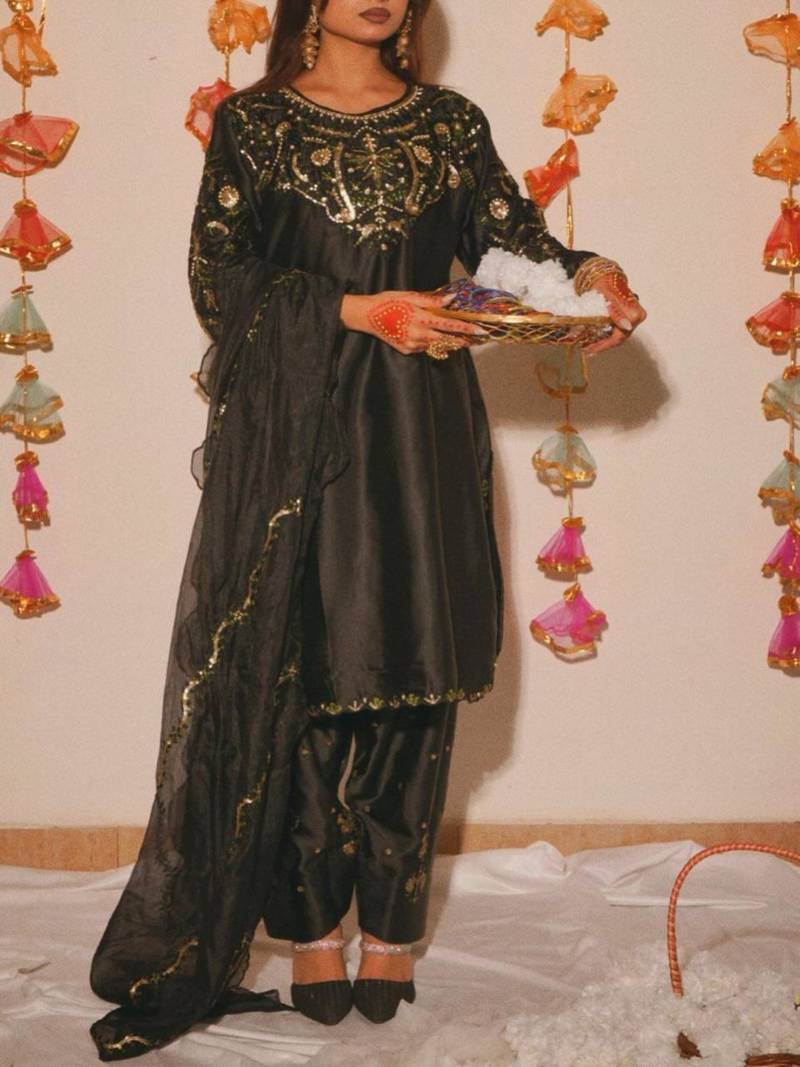 black satin embroidered kurta sets