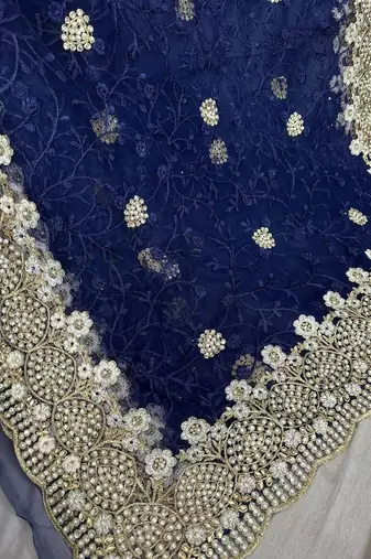 Blue color net fabric wedding wear heavy embroidery work with pearls diamonds work saree