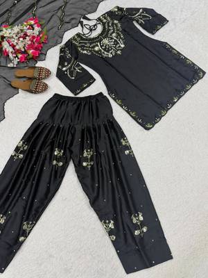 black satin embroidered kurta sets 4