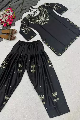 black satin embroidered kurta sets
