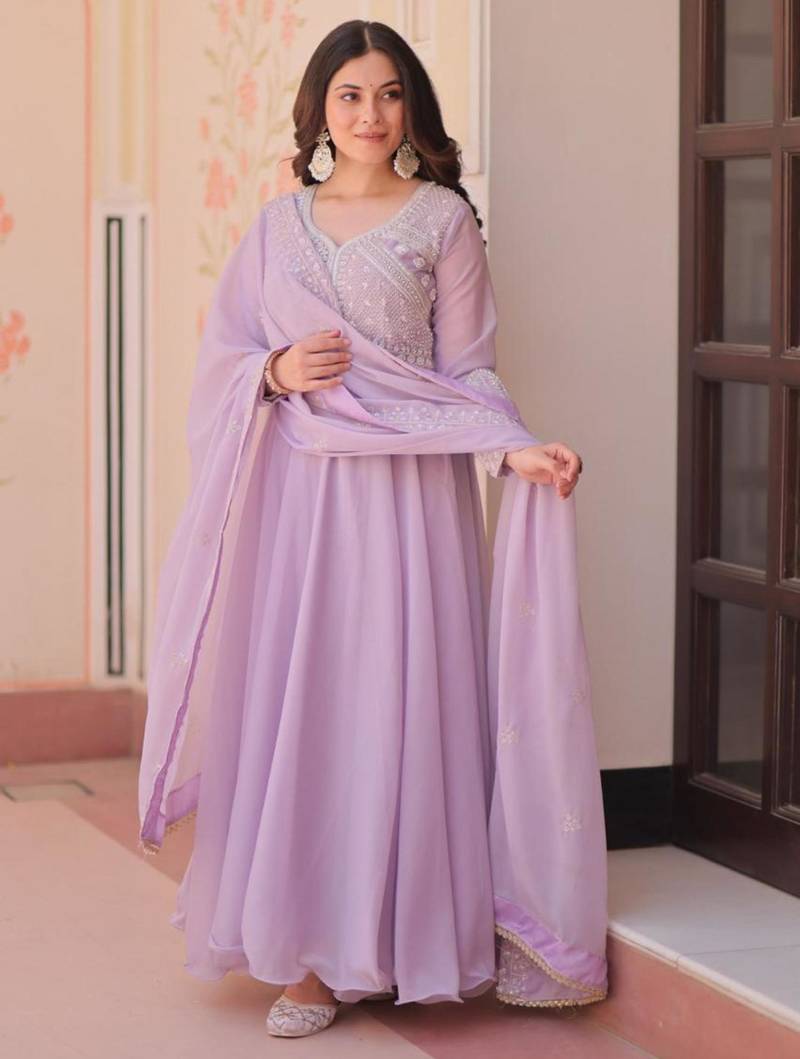 lavender georgette embroidered kurta sets
