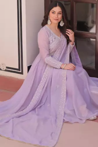 lavender georgette embroidered kurta sets