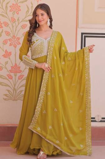yellow georgette embroidered kurta sets