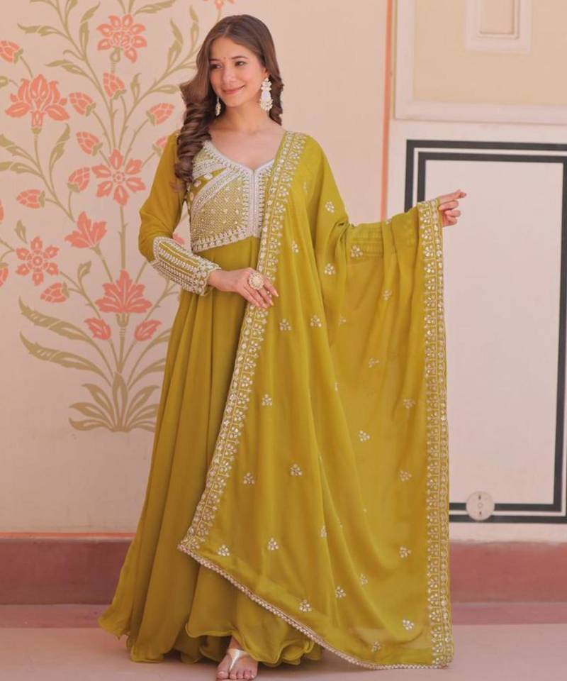 yellow georgette embroidered kurta sets
