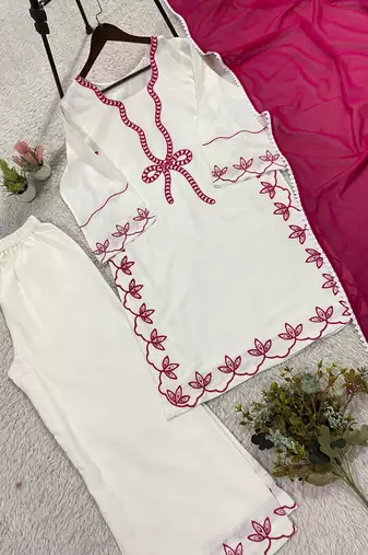 white rayon embroidered kurta sets
