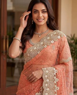 Blue color net fabric wedding wear heavy embroidery work with pearls diamonds work saree 3