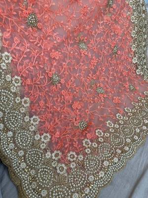 Blue color net fabric wedding wear heavy embroidery work with pearls diamonds work saree 4