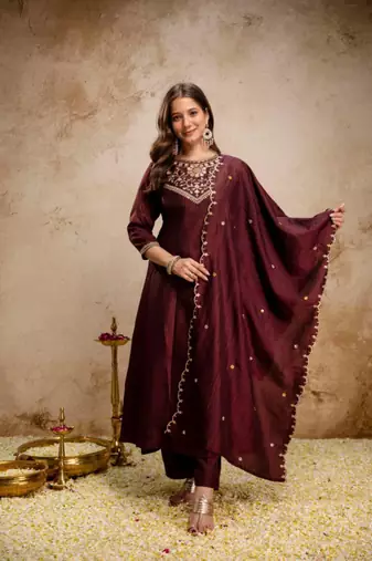 dark BROWN vichitra silk embroidered kurta sets