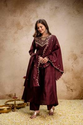 dark BROWN vichitra silk embroidered kurta sets 2