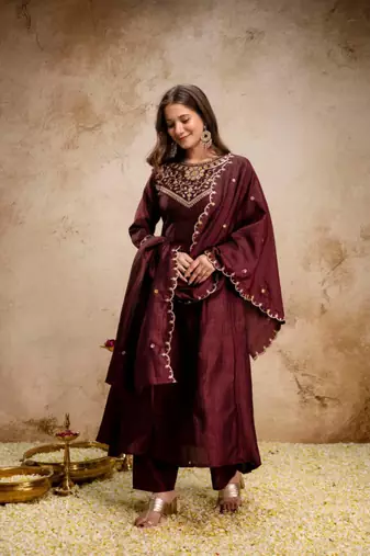 dark BROWN vichitra silk embroidered kurta sets