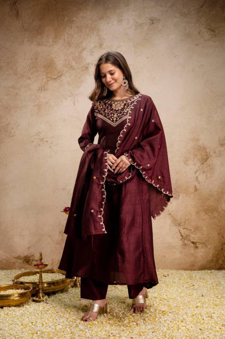dark BROWN vichitra silk embroidered kurta sets