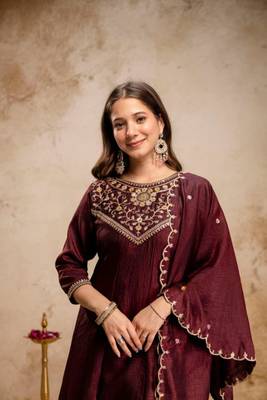 dark BROWN vichitra silk embroidered kurta sets 3