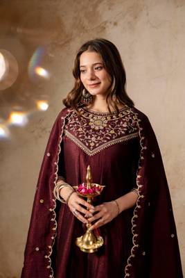 dark BROWN vichitra silk embroidered kurta sets 4