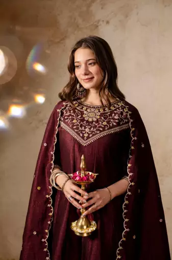 dark BROWN vichitra silk embroidered kurta sets
