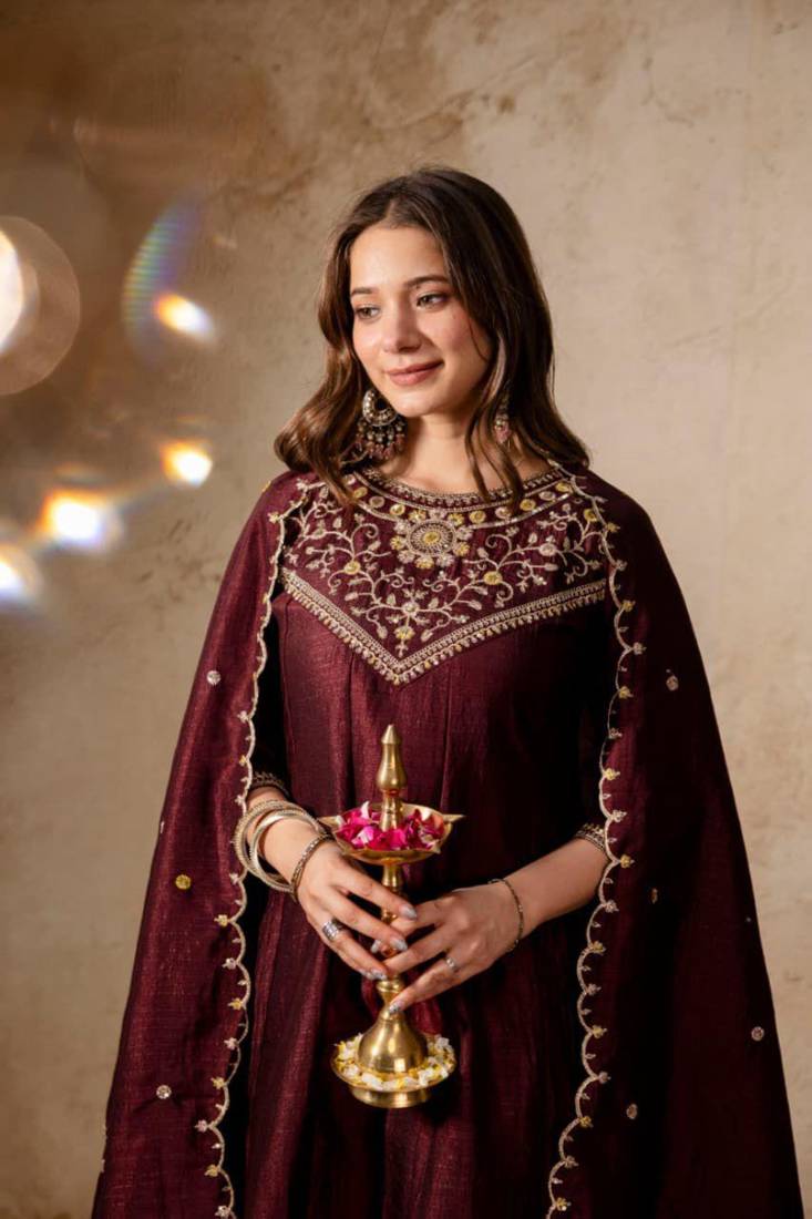 dark BROWN vichitra silk embroidered kurta sets