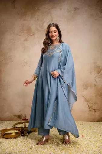 LIGHT BLUE vichitra silk embroidered kurta sets