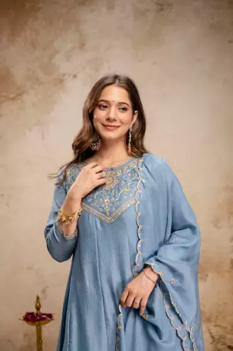 LIGHT BLUE vichitra silk embroidered kurta sets