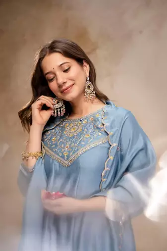 LIGHT BLUE vichitra silk embroidered kurta sets