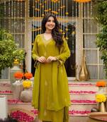 yellow viscose embroidered kurta sets