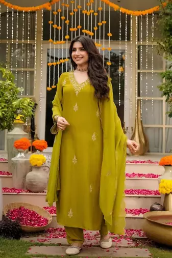 yellow viscose embroidered kurta sets