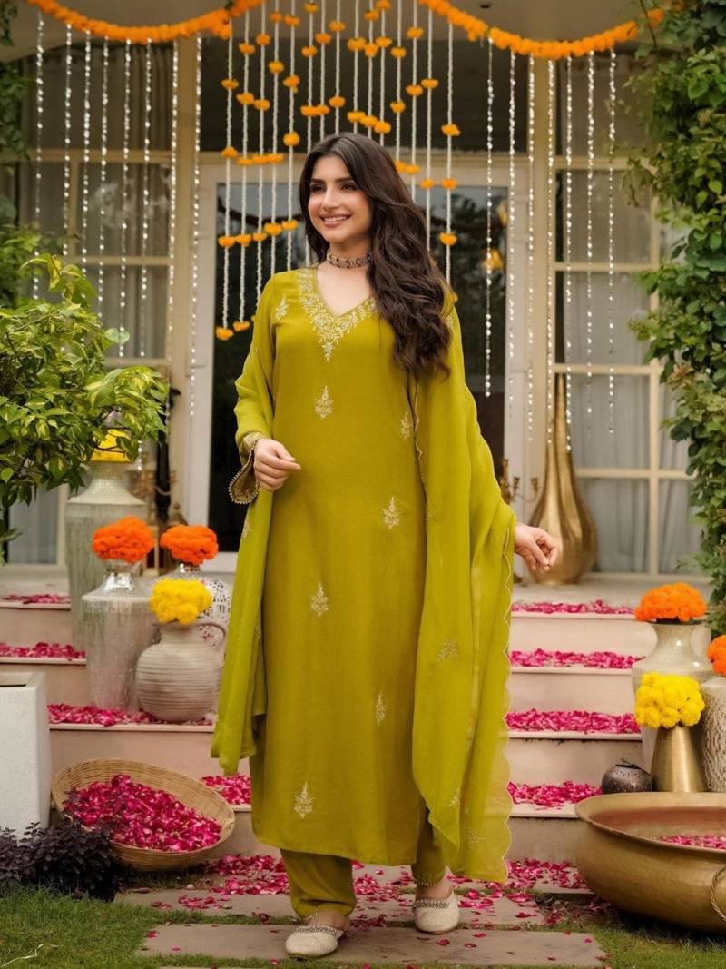 yellow viscose embroidered kurta sets