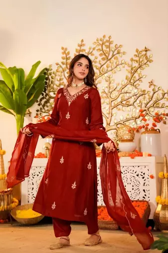brown viscose embroidered kurta sets