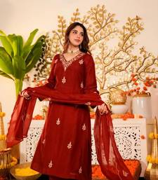 brown viscose embroidered kurta sets
