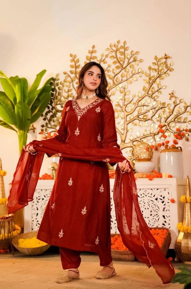 brown viscose embroidered kurta sets