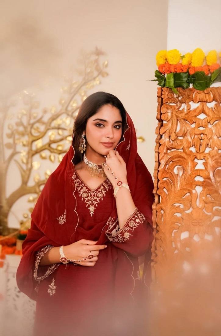 brown viscose embroidered kurta sets