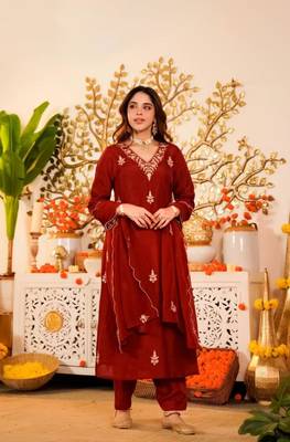 brown viscose embroidered kurta sets 1