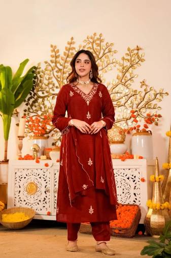 brown viscose embroidered kurta sets