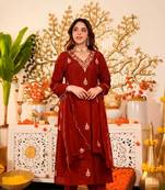 brown viscose embroidered kurta sets
