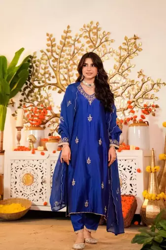 blue viscose embroidered kurta sets