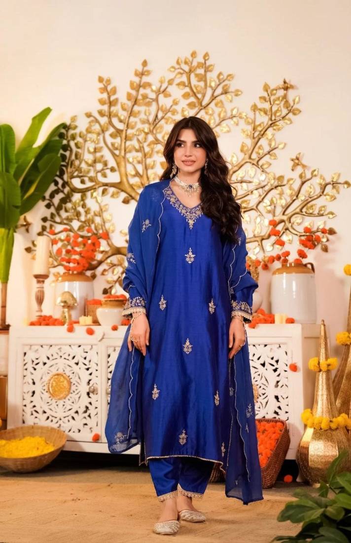 blue viscose embroidered kurta sets