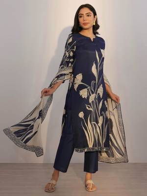 navy blue silk blend printed kurta sets 1
