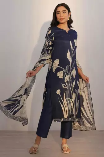 navy blue silk blend printed kurta sets