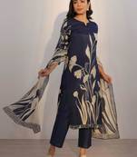 navy blue silk blend printed kurta sets