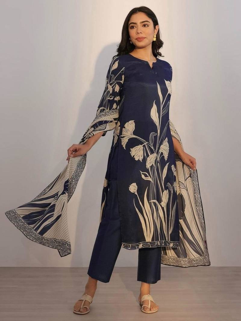 navy blue silk blend printed kurta sets