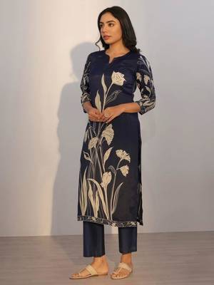 navy blue silk blend printed kurta sets 2