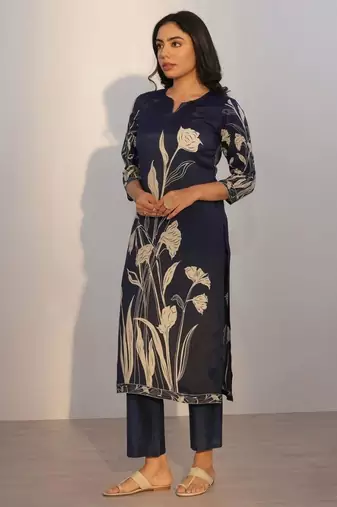 navy blue silk blend printed kurta sets