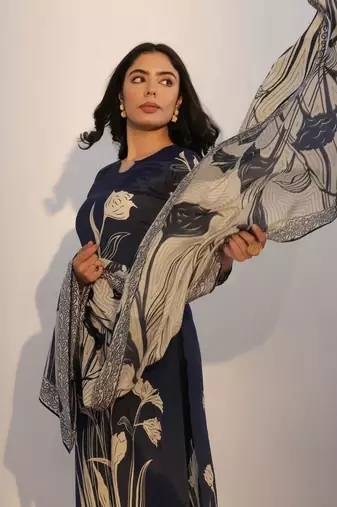 navy blue silk blend printed kurta sets