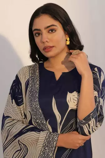 navy blue silk blend printed kurta sets