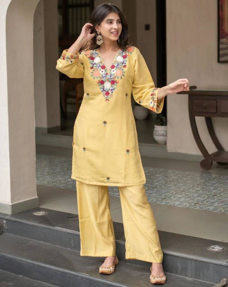 yellow crepe embroidered kurta sets
