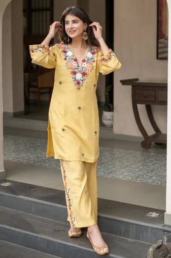 yellow crepe embroidered kurta sets