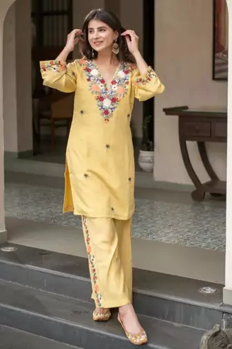 yellow crepe embroidered kurta sets