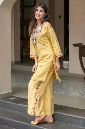 yellow crepe embroidered kurta sets