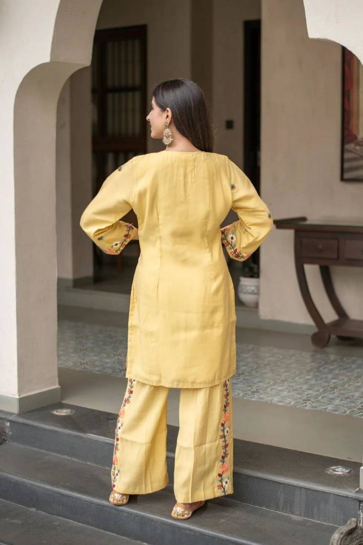 yellow crepe embroidered kurta sets