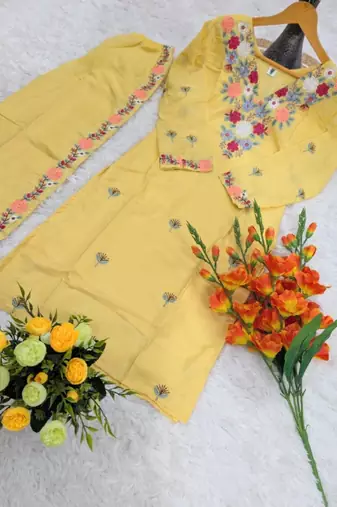yellow crepe embroidered kurta sets