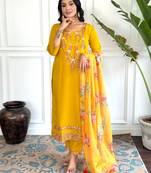 yellow chinon  kurta sets